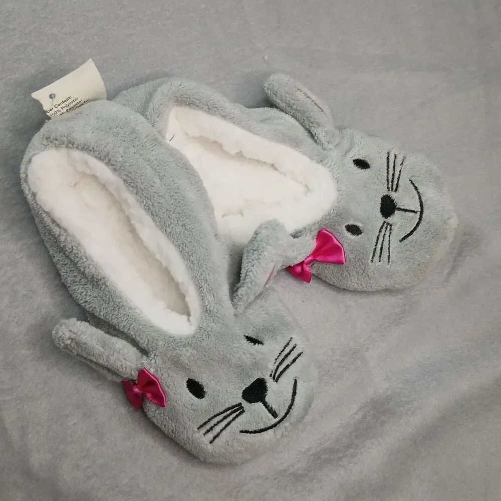 Bunny Sherpa Lined Gripper Slippers Non-Slip Warm Fuzzy Fur NWT Girls sz: 7-3